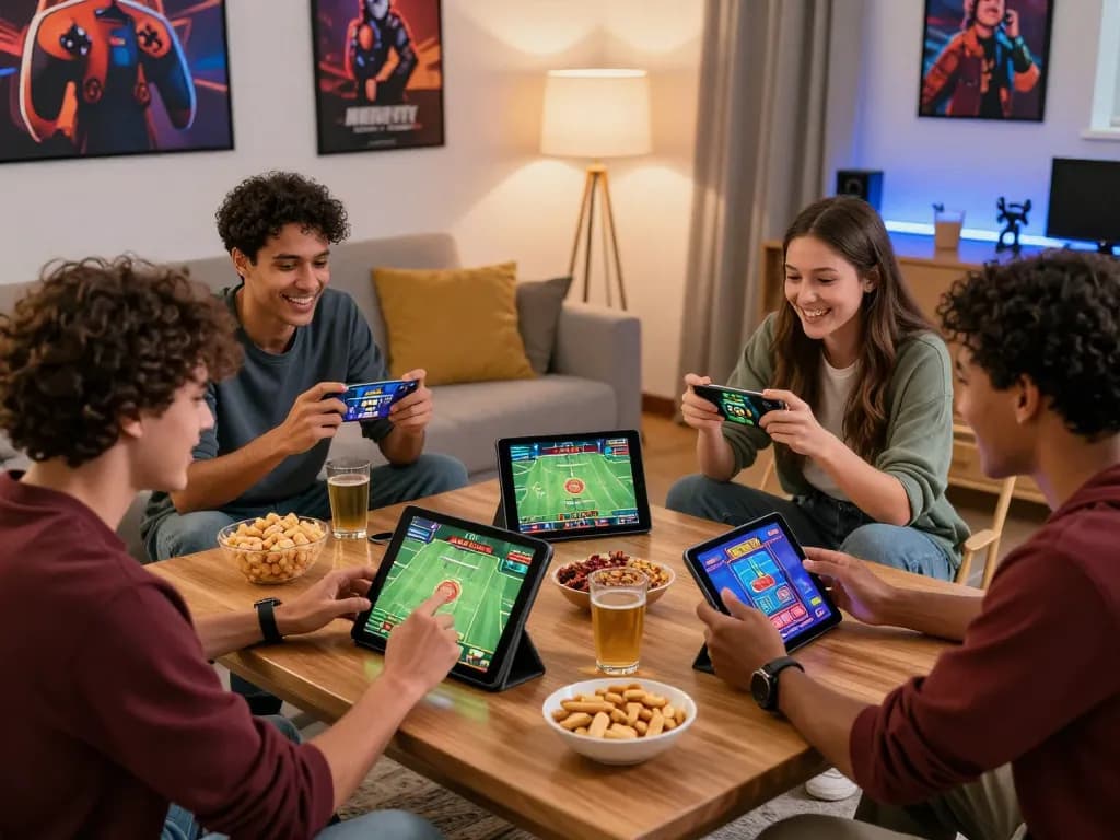 Friends enjoying au88 online gaming with tablet and snacks in cozy living room