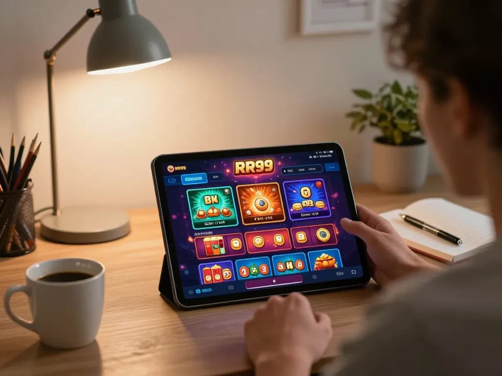 Player engaging with the RR99 casino app on a tablet in a stylish home setup while strategizing.
