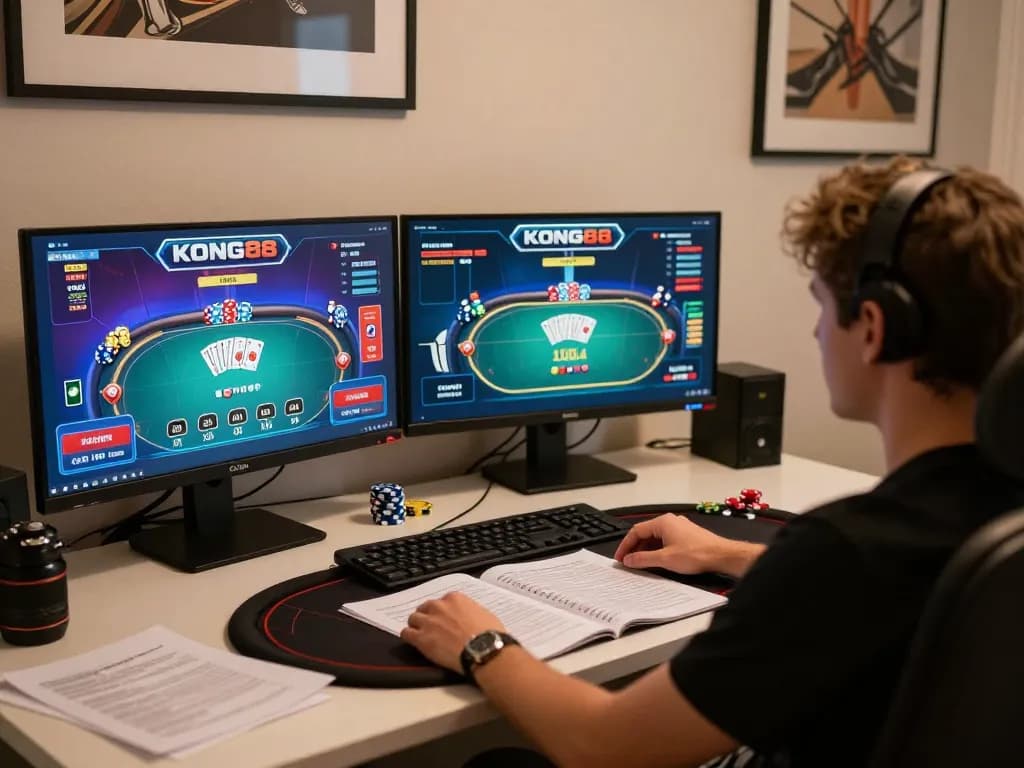 KONG88 online poker player focused on strategy and gameplay at home desk