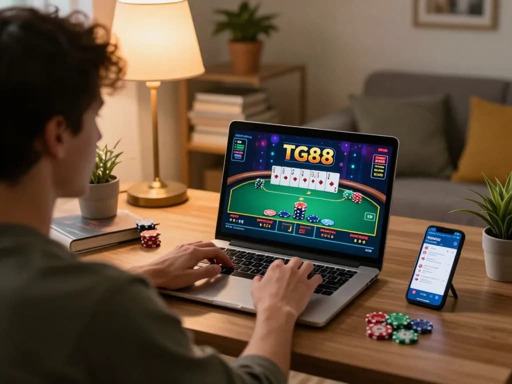 Engaging scene of a player enjoying TG88 casino games on a laptop at home, showcasing a cozy gaming atmosphere.