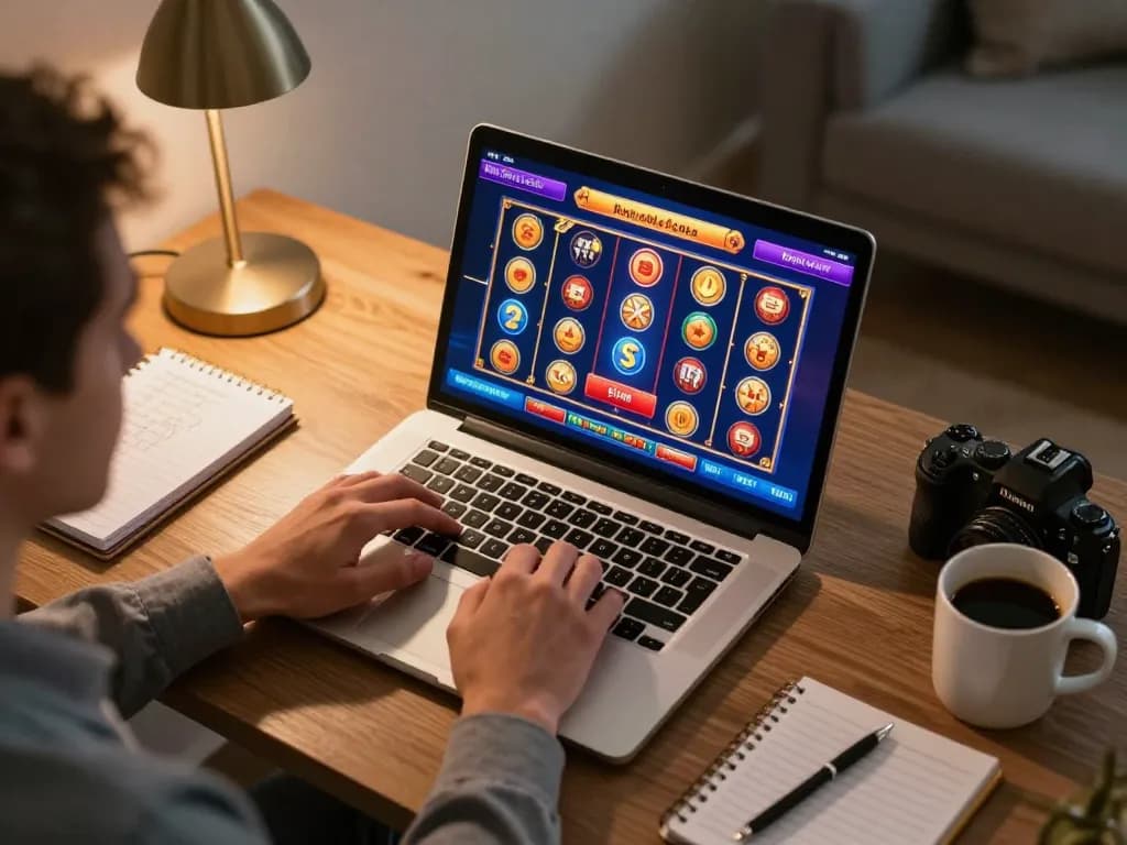 cm88 player engaged in online gaming session with laptop showcasing vibrant casino graphics