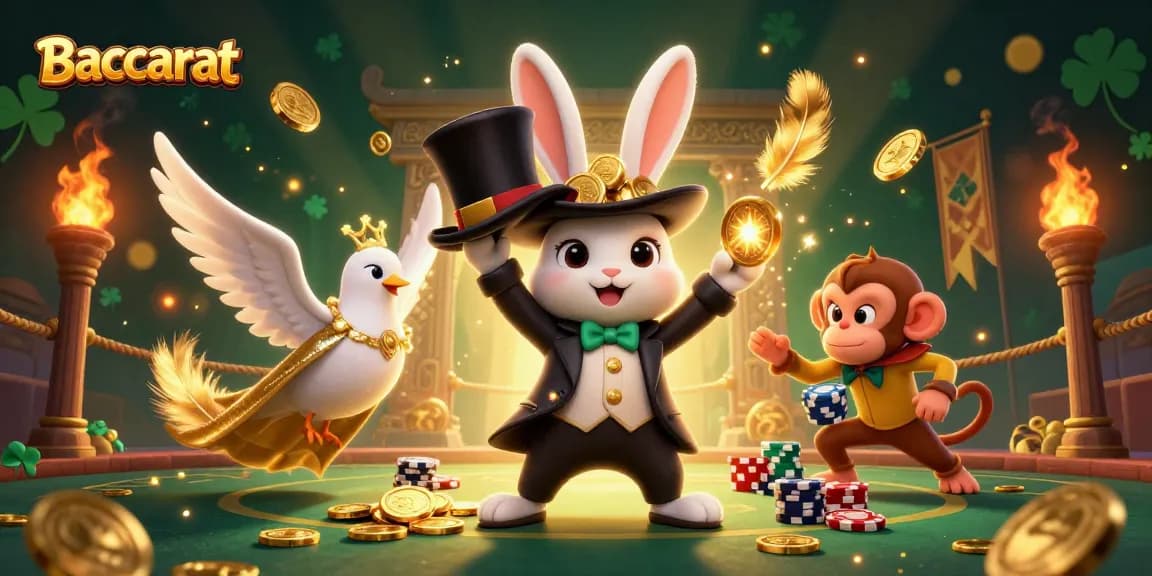 Baccarat scene with a magician rabbit, dove in a sequined cape, and a monkey playfully stealing poker chips amid a vibrant casino atmosphere.