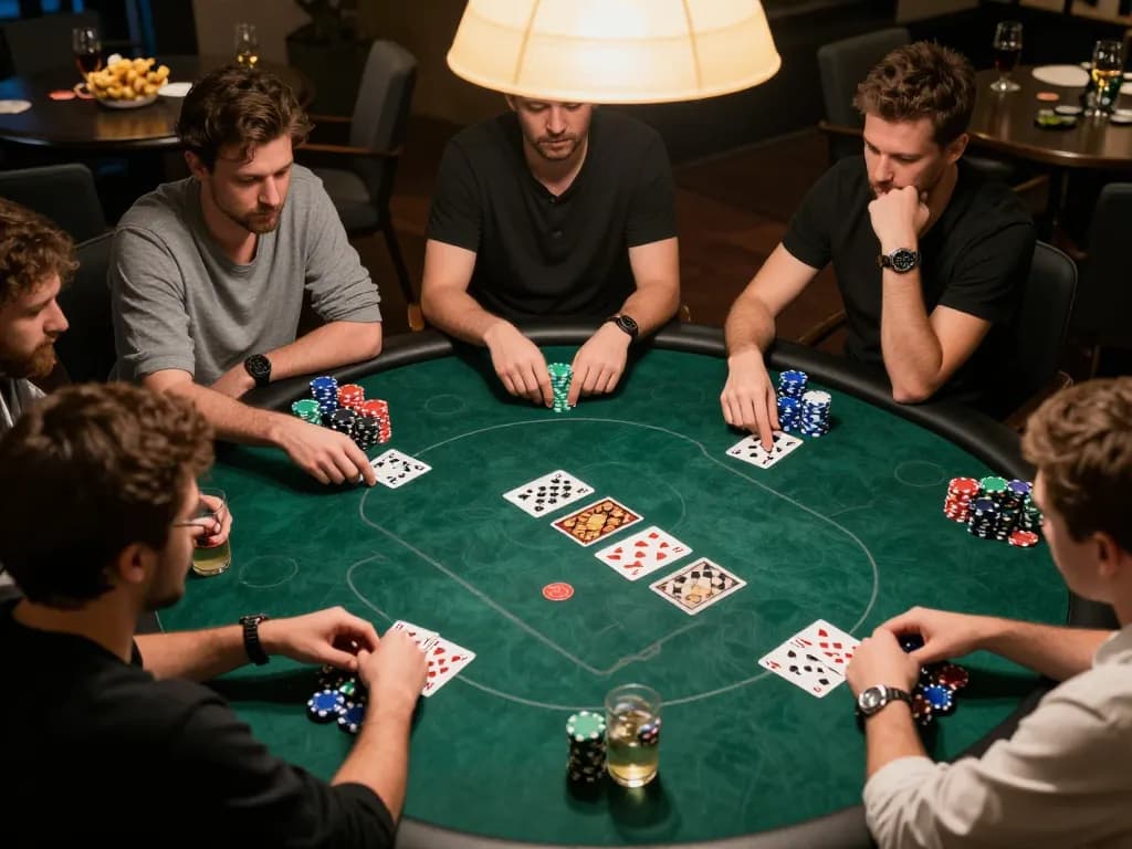 Engaged players strategizing in a lively poker game featuring dinamit4d betting options and vibrant chips.