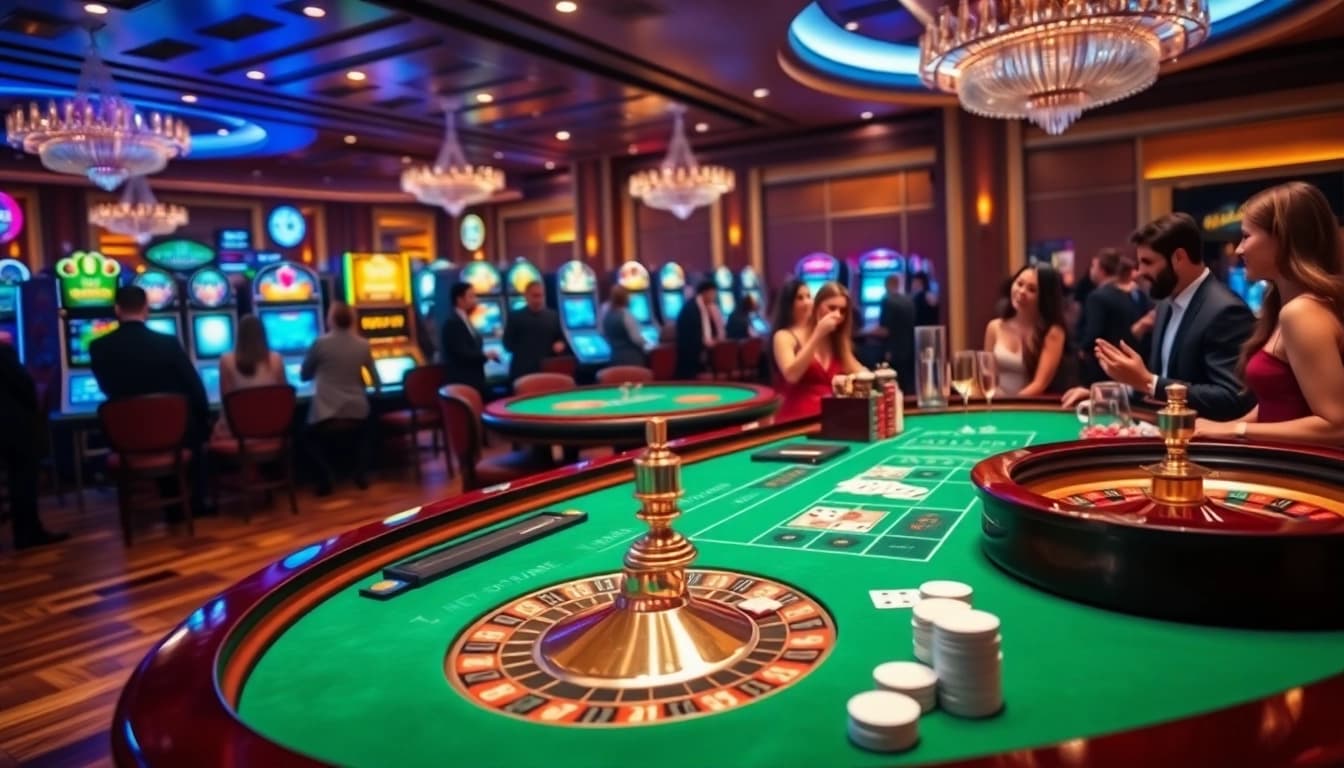 Experience the excitement of SODO CASINO 66 with a stunning gaming scene featuring roulette and poker tables.