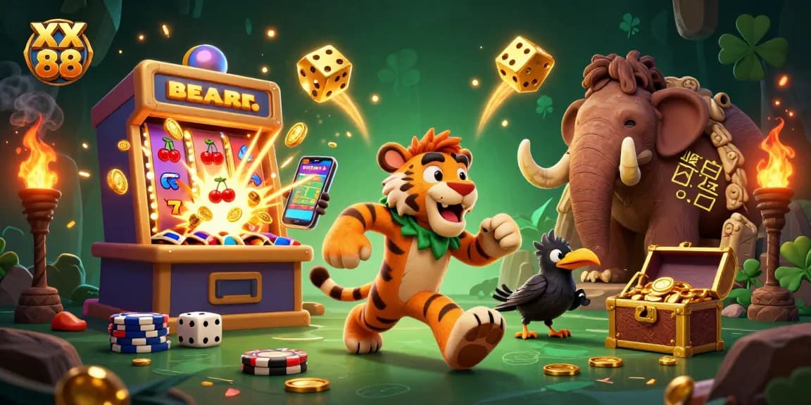 Experience excitement at XX 88 with a vibrant prehistoric casino featuring a sabertooth duo and a clever crow.