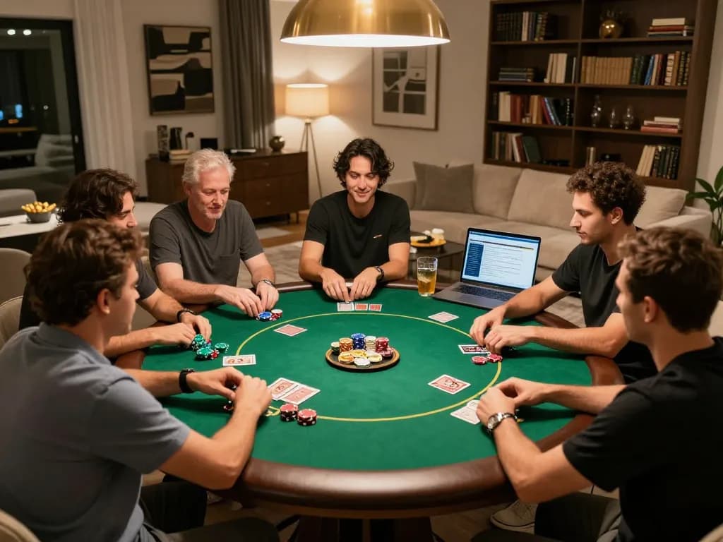 mm88 poker night with friends at round table featuring cards and chips in warm home setting