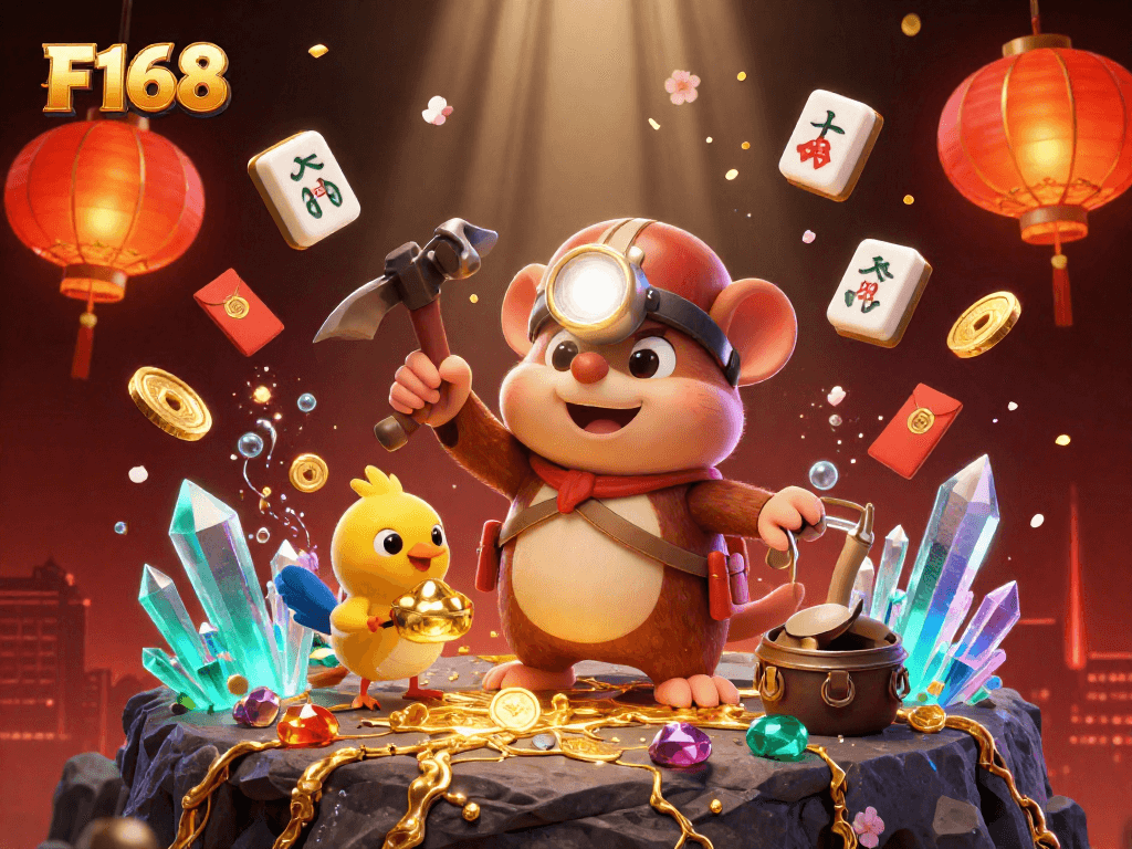 Join the adventure at F168 with a cartoon mole discovering treasures in a vibrant casino theme.