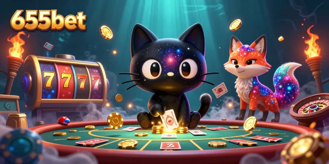 A 3D dynamic casino scene illustrating 655bet with a black hole cat attracting golden chips, showcasing slot reels and fire effects.