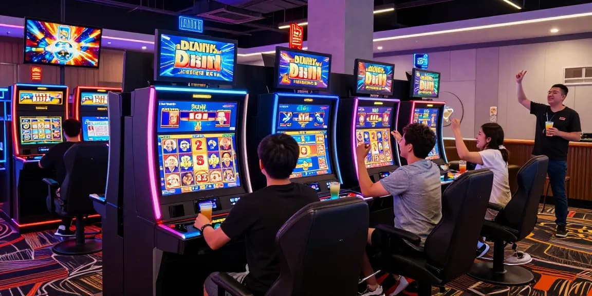 Exciting gaming environment featuring players engaging with osaka88 slots, vibrant LED lights, and social celebrations.