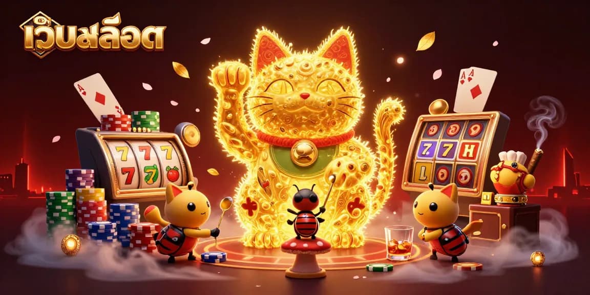 Engage in เว็บสล็อต fun with a dynamic 3D illustration of a lucky cat and vibrant casino elements.