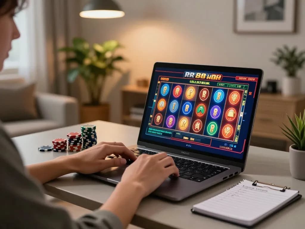 Playing online slots on the RR88 apk while enjoying a cozy home gaming setup.