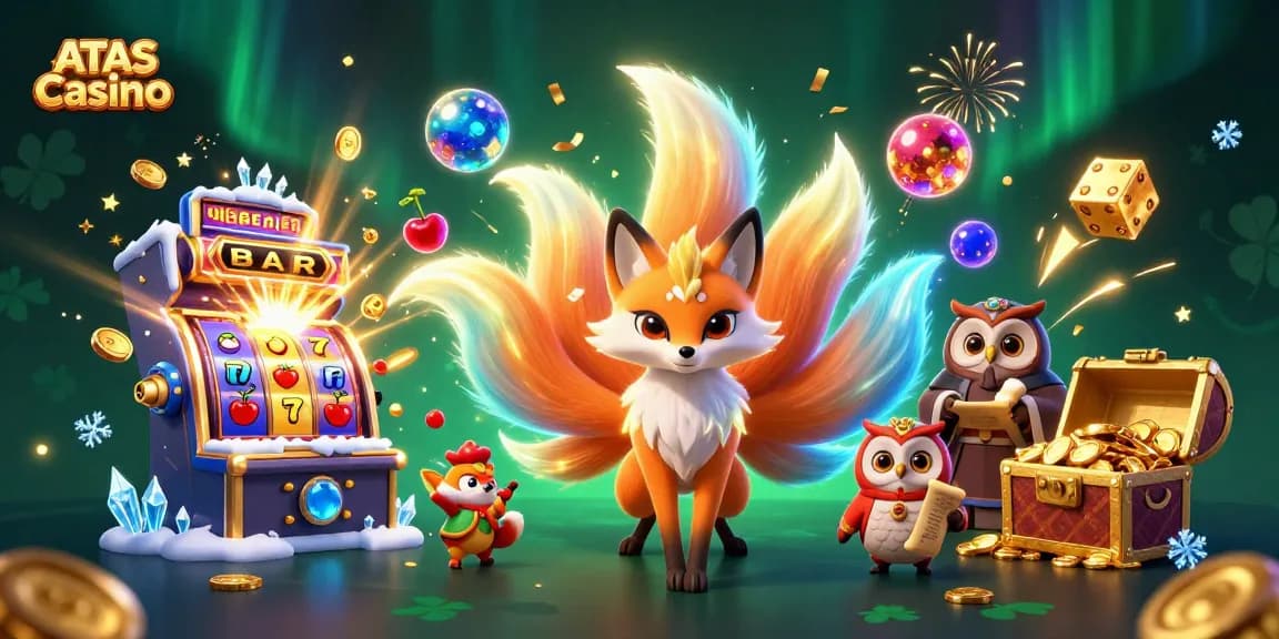 Experience thrilling wins at ATAS Casino with a vibrant 3D illustration of slots and characters.