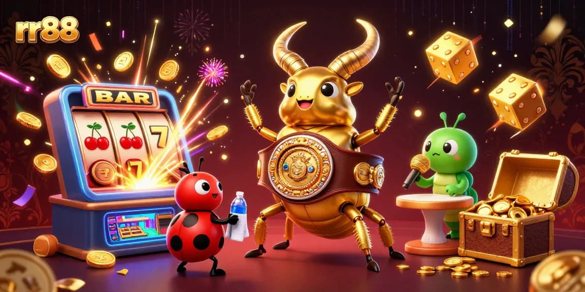 Engage with the exhilarating world of rr88's casino games featuring golden beetles and vibrant cash elements.