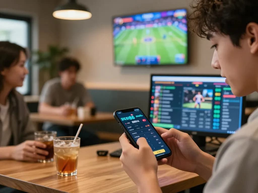 Engaging with the RR88 apk for online sports betting on a smartphone in a lively cafe.