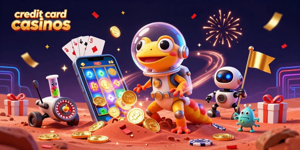 Experience excitement at credit card casinos with Martian gecko, vibrant gaming elements, and celebration effects.