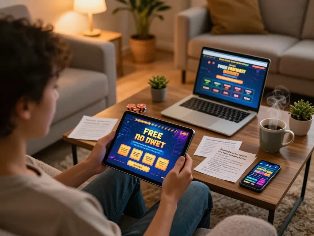 Player engaging with Free No Deposit Casinos on tablet in a cozy living room, surrounded by betting strategy notes.