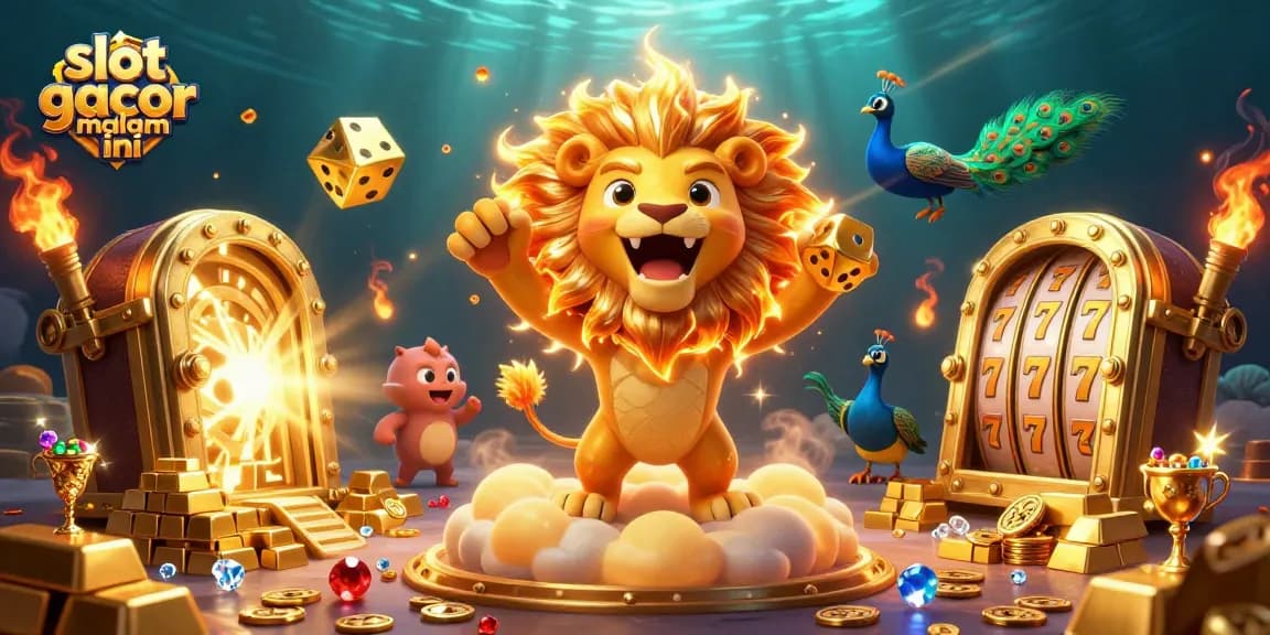 Experience the thrill of slot gacor malam ini with a vibrant 3D casino scene featuring golden treasures and dynamic characters.