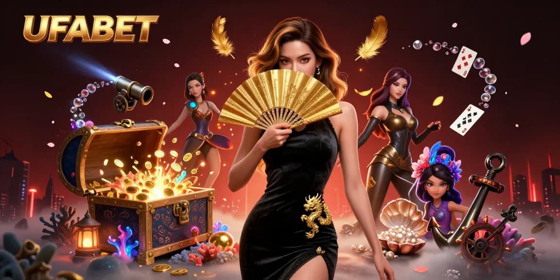 Place bets and enjoy games at UFABET with a stunning Asian woman in a vibrant, rich casino scene.