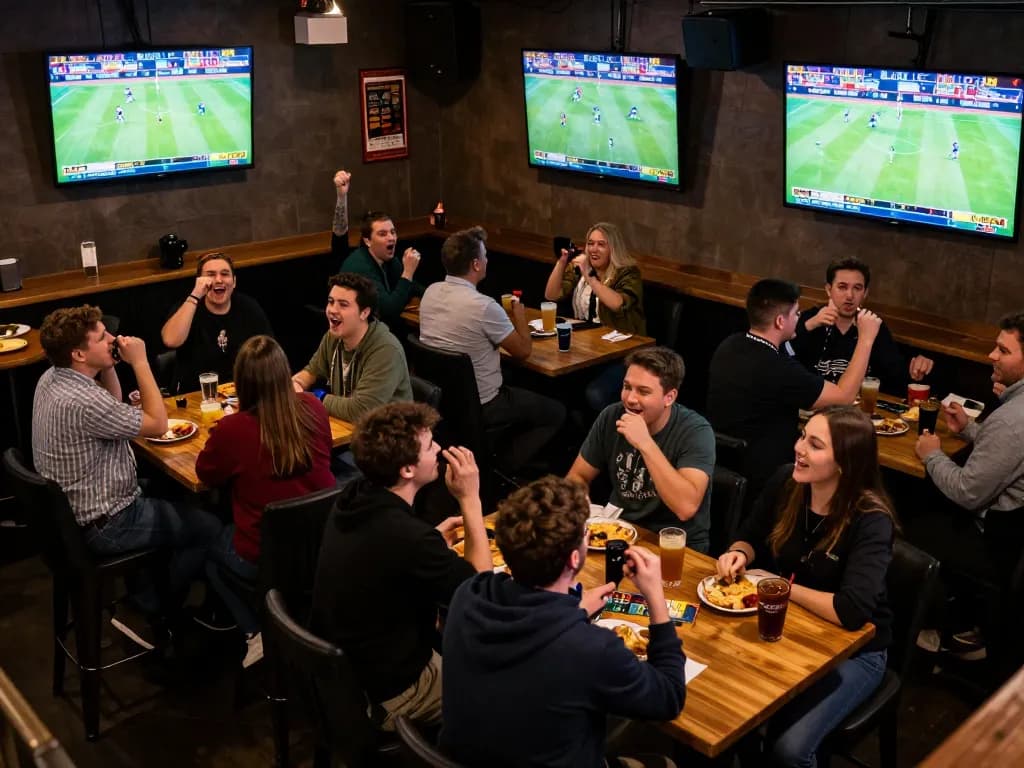 Cakhiatv sports betting excitement with friends discussing bets in a lively sports bar setting.
