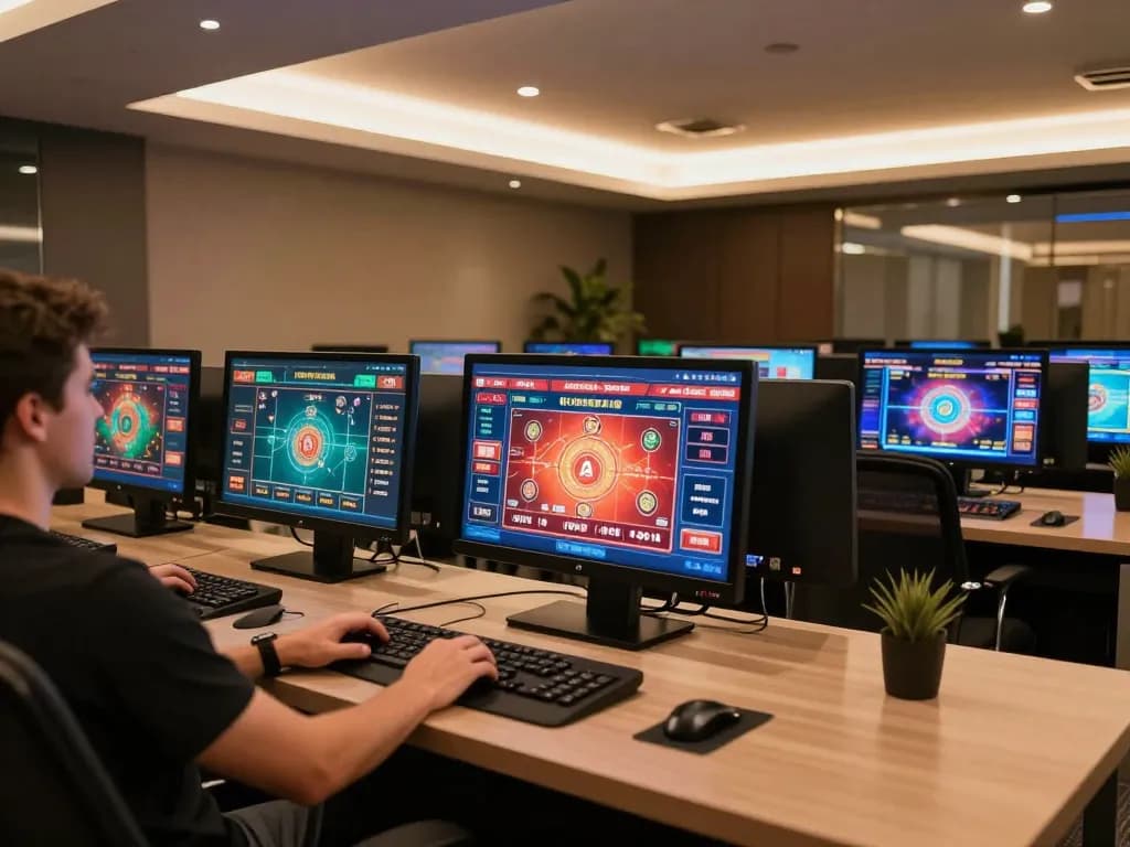 Engaging with god55 casino in a modern online gaming setup, with multiple screens showcasing dynamic gameplay and user-friendly interface.