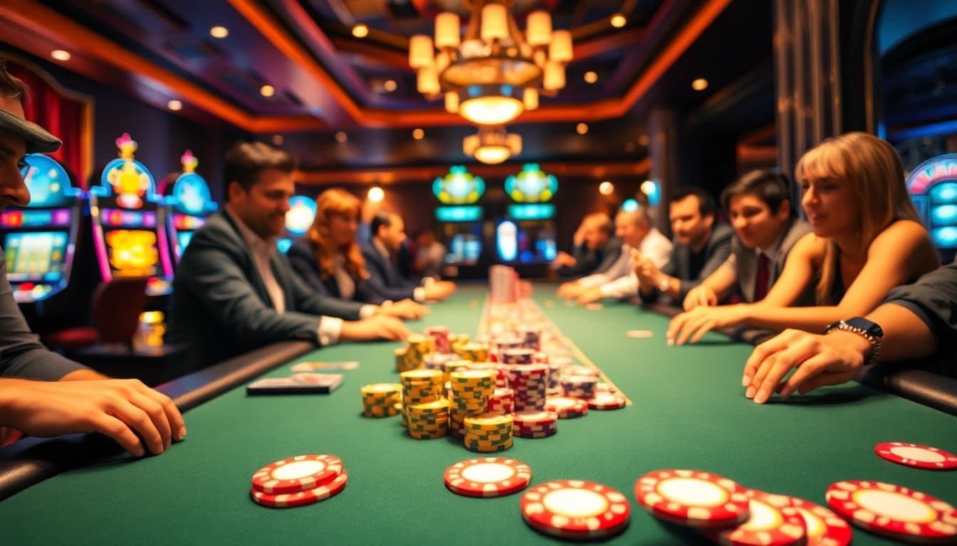 A vibrant poker scene in top casinos showcasing colorful chips and excited players.