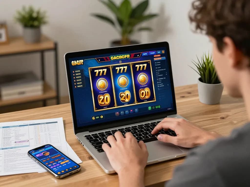 Person playing slot gacor 777 online on laptop, showcasing thrilling winning gameplay.