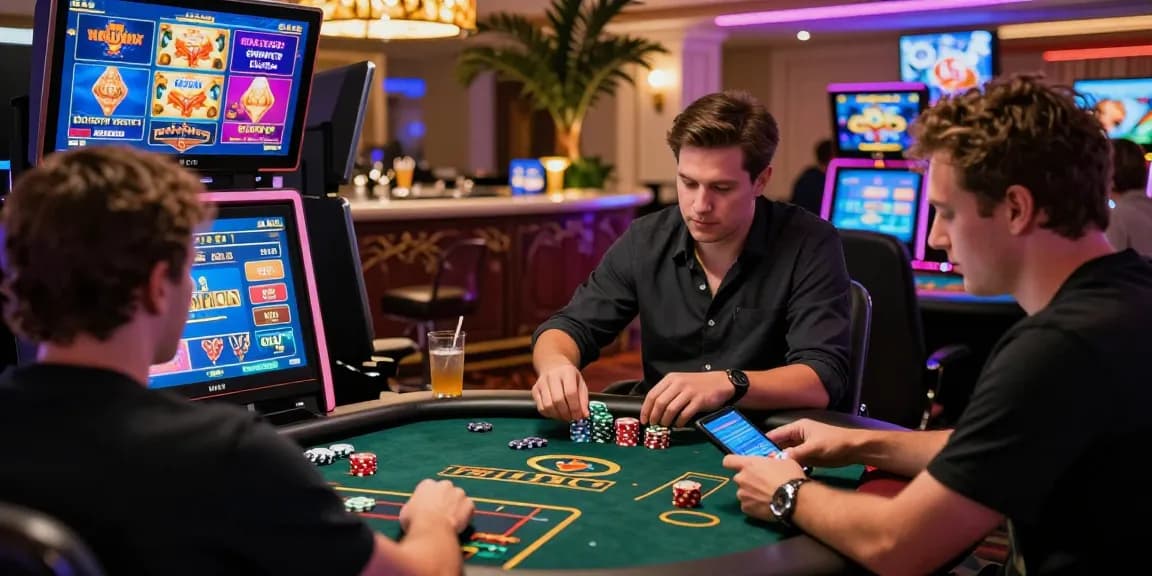 Dynamic scene of players at credit card casinos engaging in gaming activities with vibrant atmosphere.