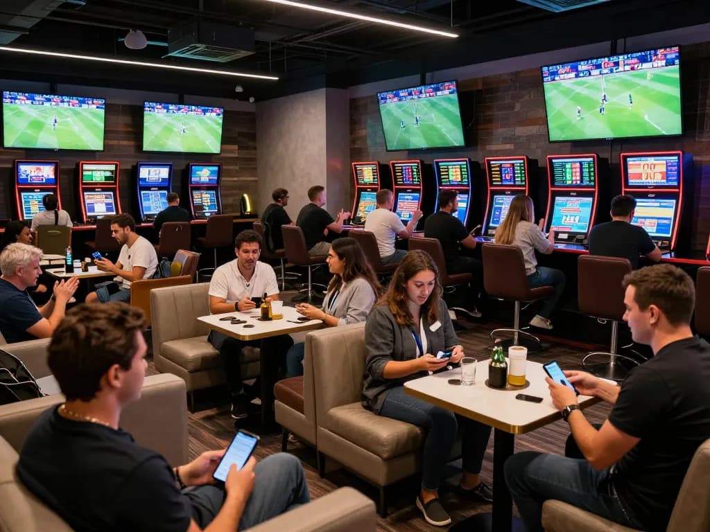Fans placing bets in a vibrant sports betting lounge, showcasing tỷ lệ nhà cái for various events.