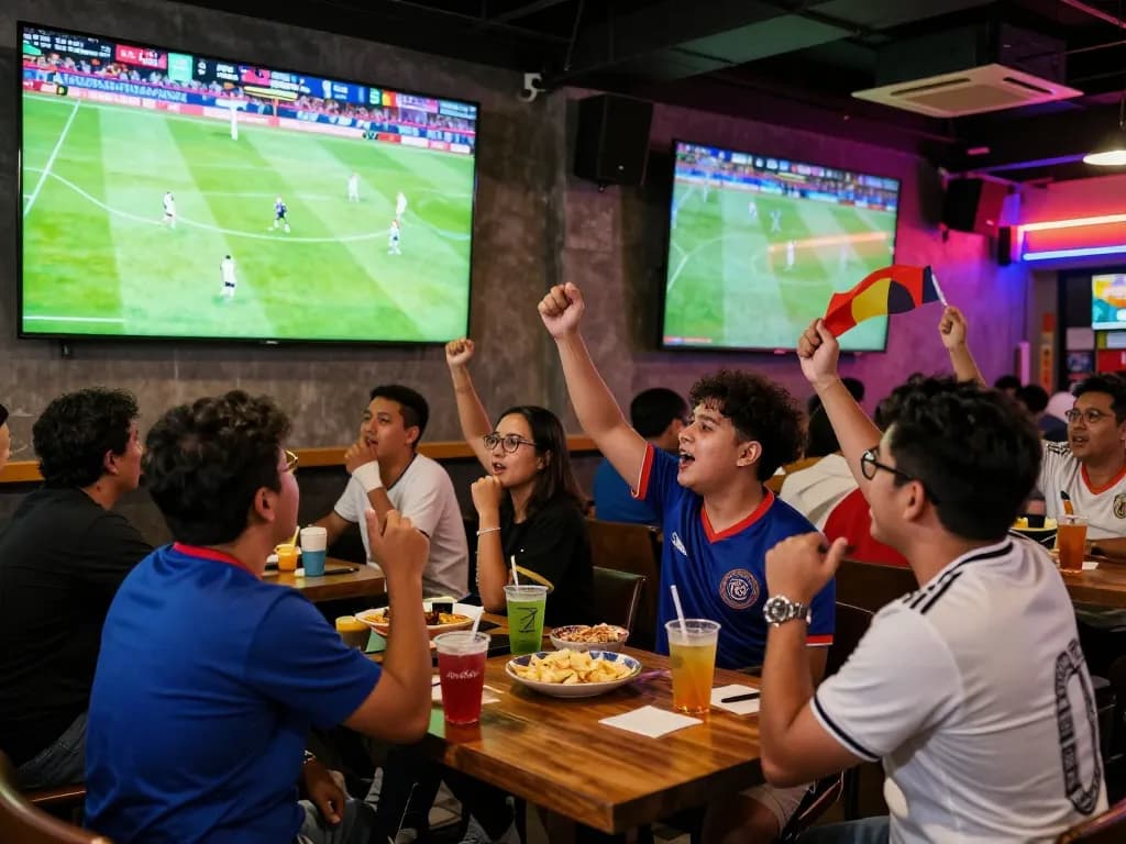 Excited fans experiencing Judi Bola at a lively sports bar.