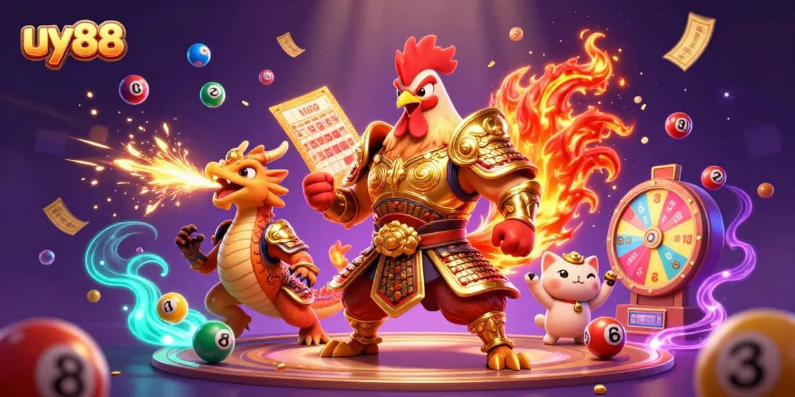 Immerse in an exhilarating jackpot experience at uy88 with a triumphant cartoon rooster warrior and treasure elements.