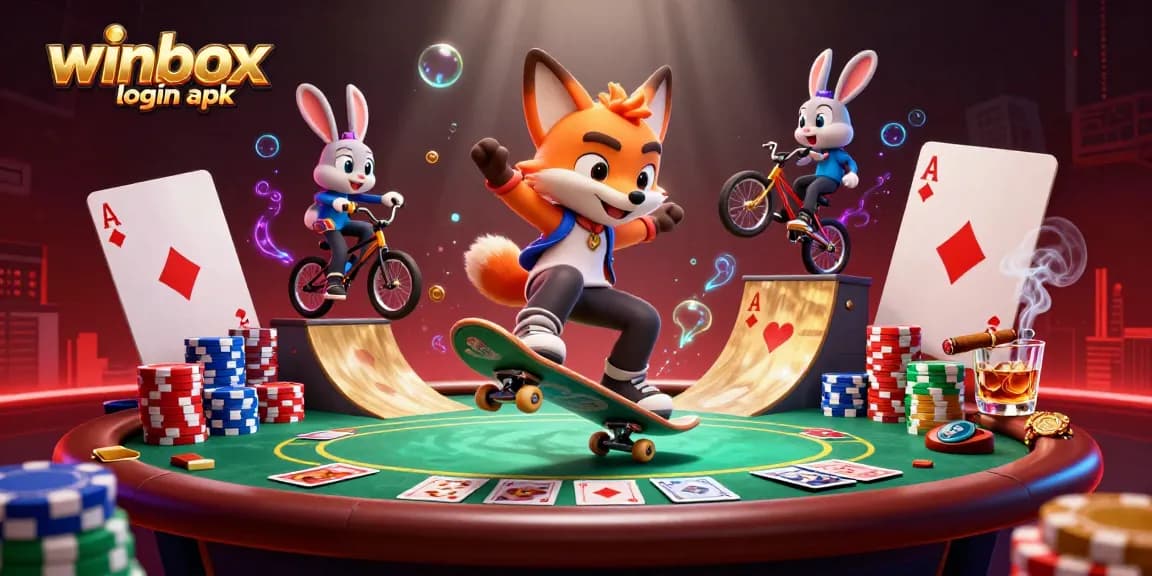 Engage with the exciting winbox login apk as the cartoon fox performs a kickflip over golden poker chips.