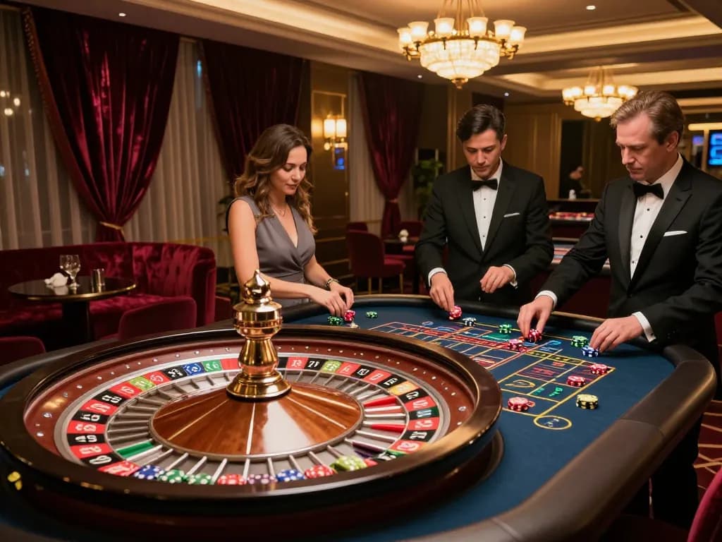 Engaging scene of a roulette game at RR88 apk casino with players and vibrant chips