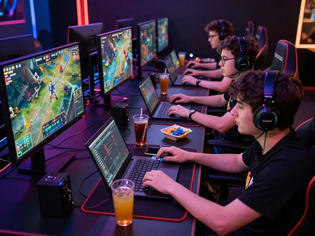 Enthusiastic gamers engaged in Dota 2 betting action at https://gglbetsg.org/dota2-betting/, surrounded by screens showing live match stats and thrilling gameplay.