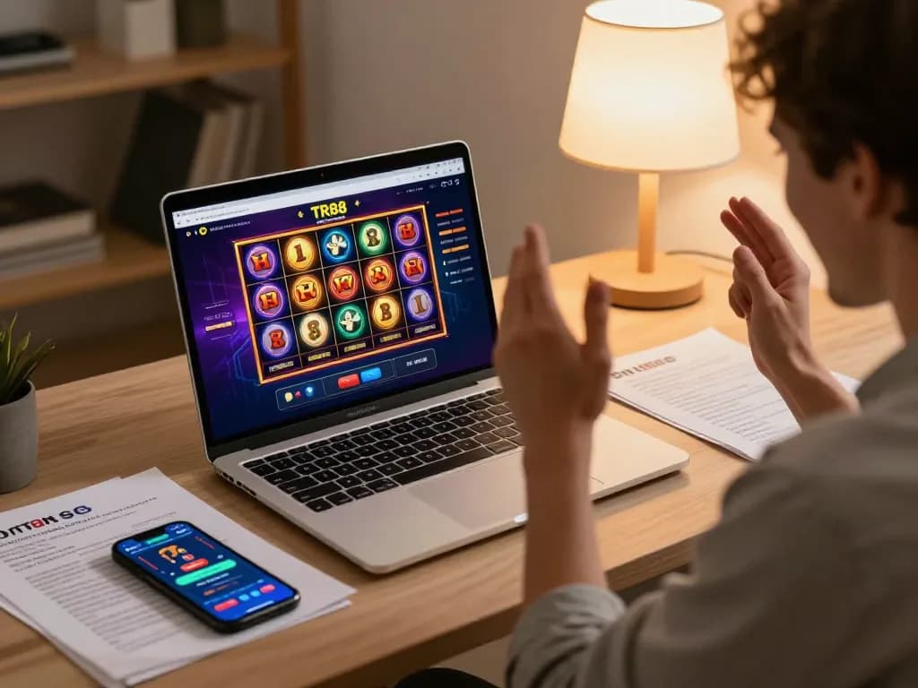 Player winning on TR88 online casino slots, celebrating at home gaming setup.