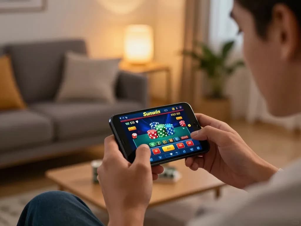 Sunwin player engaging with mobile casino app revealing exciting betting options in a cozy setup.