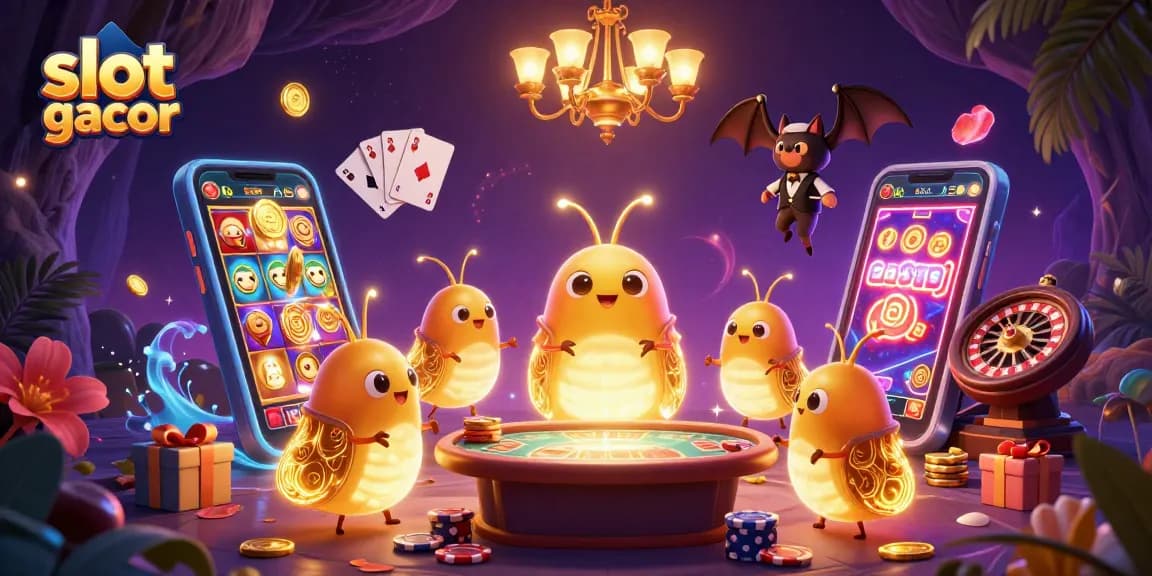 Menang di slot gacor dengan suasana kasino berwarna-warni yang dipenuhi karakter unik dan elemen permainan.