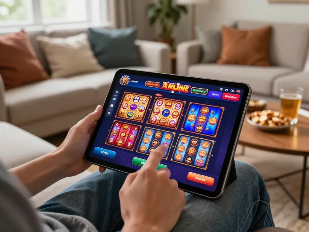 Engaging in online casino gaming at home on https://rr88.navy/, showcasing modern slot games and a cozy atmosphere.
