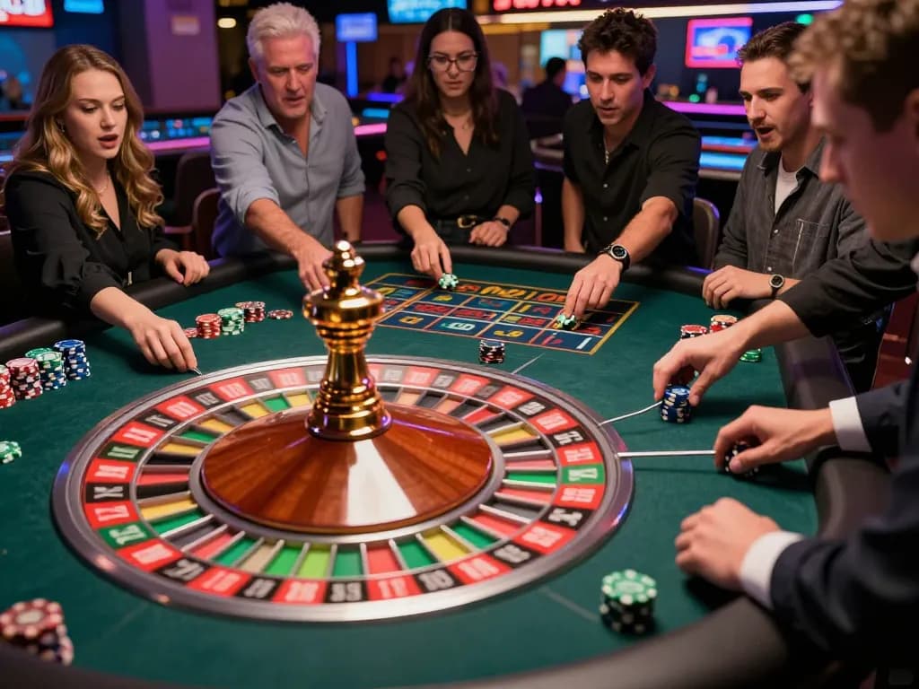 Leci123 platform roulette game action with players placing bets and spinning the wheel, vibrant casino atmosphere.
