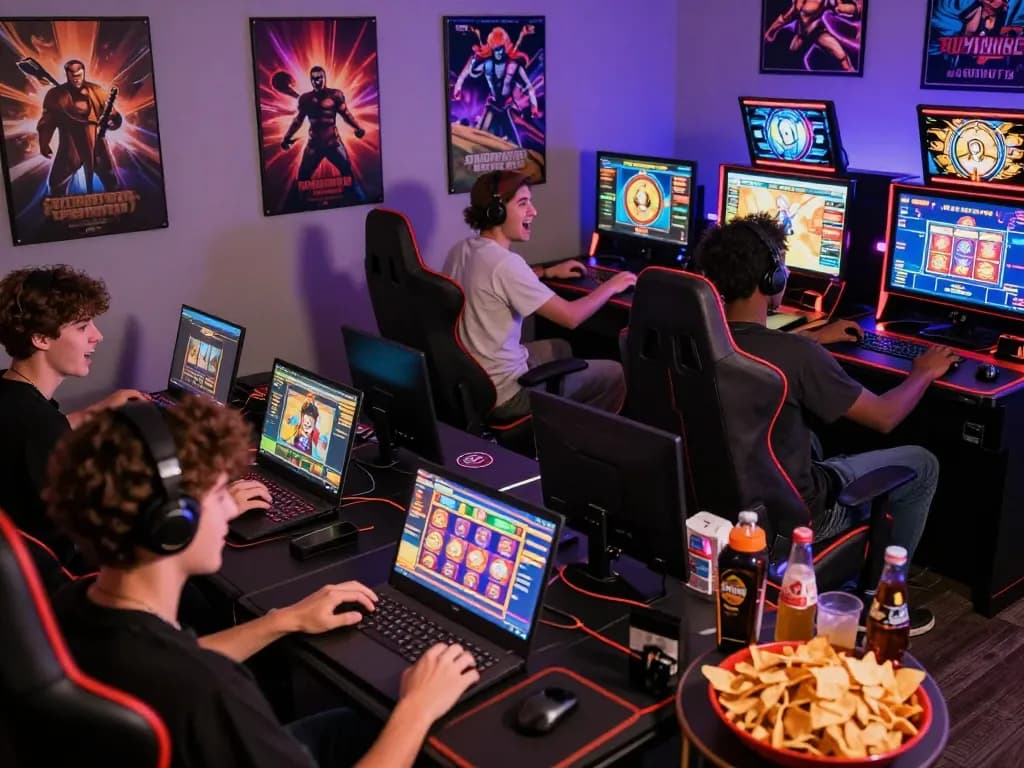 Pemain menikmati permainan slot online laoban188 di lingkungan permainan yang berwarna-warni.
