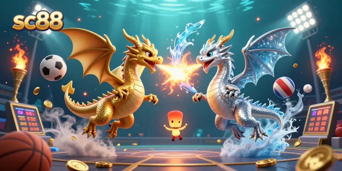 Bet on sports excitement with sc88's vibrant dragon-themed 3D illustration showcasing dynamic betting elements.