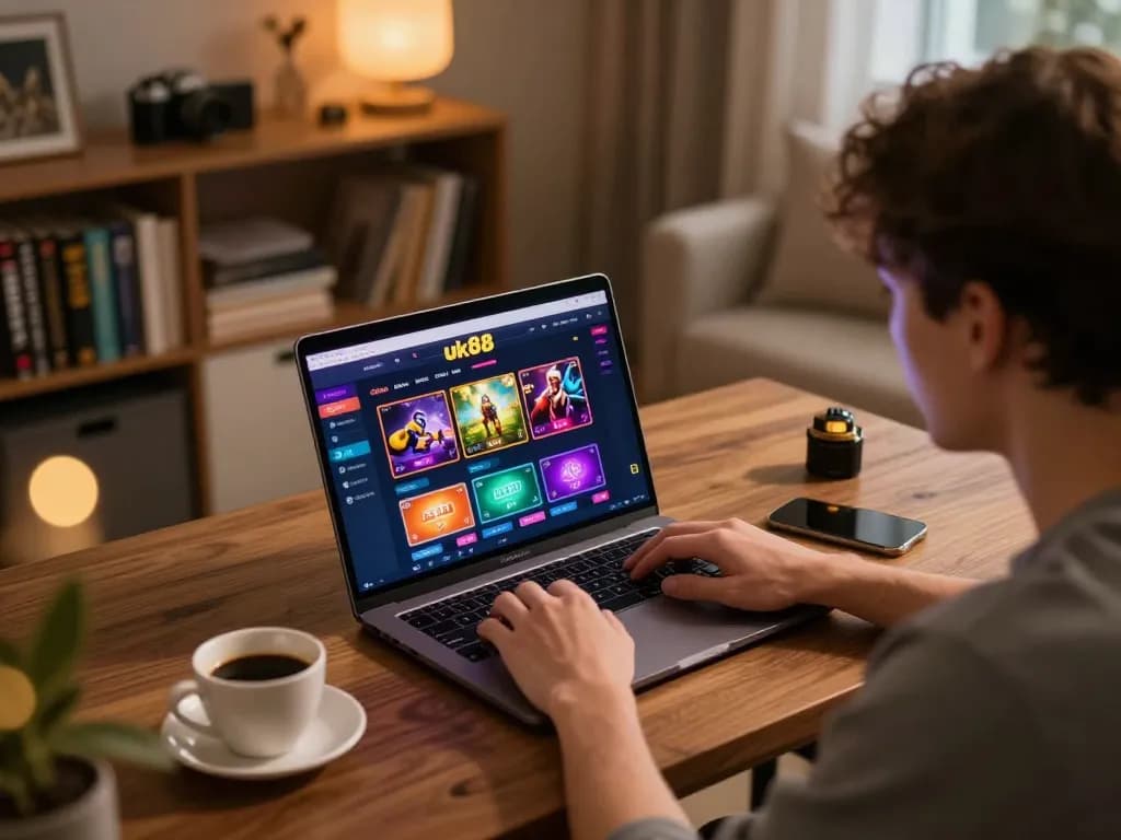 Engaging in online gaming with uk88 com on a laptop at home, showcasing responsible gambling atmosphere.