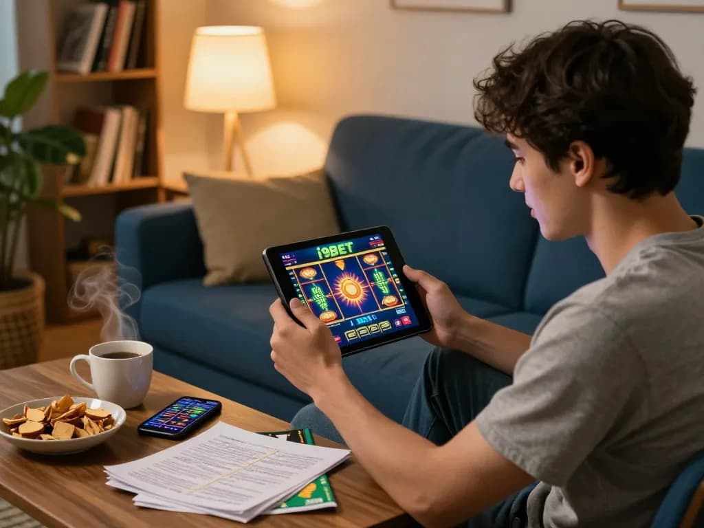 Engaged player at i9BET exploring online slots on a tablet in a cozy home setting.