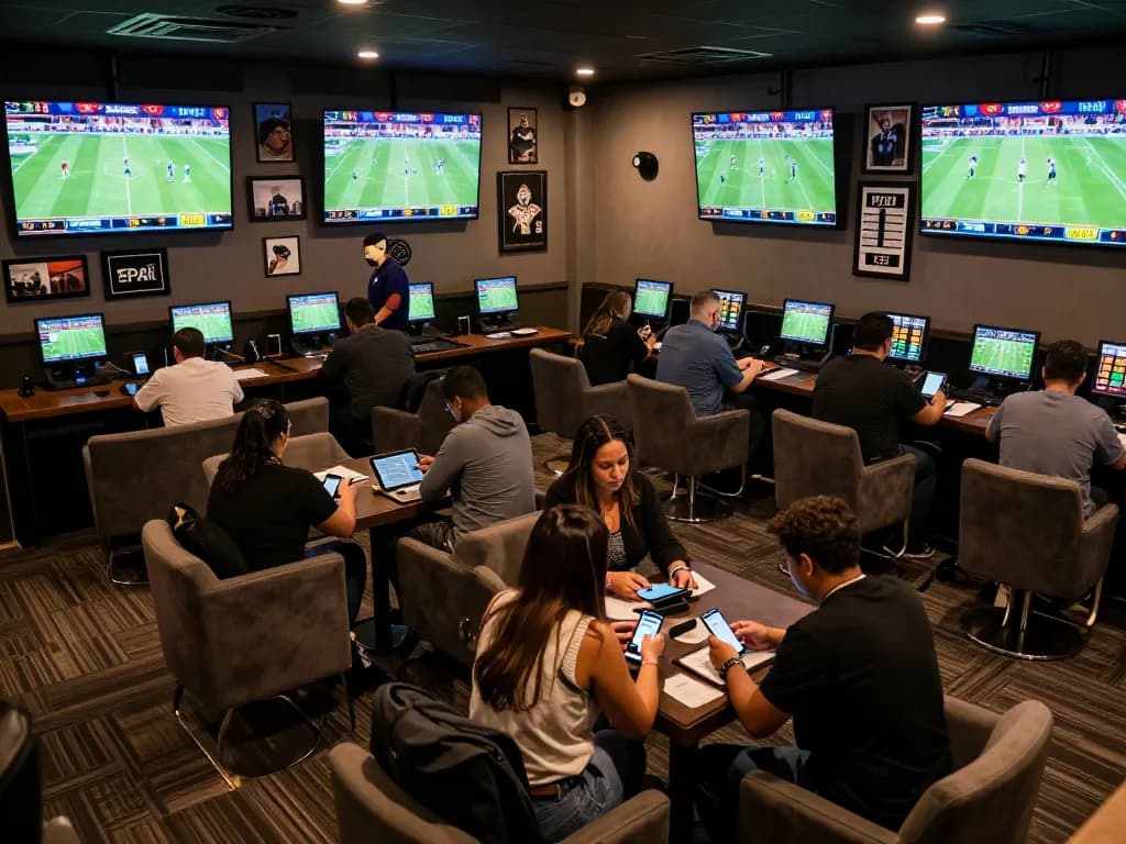 Soi kèo nhà cái hôm nay with excited patrons placing bets in a vibrant sports betting lounge.