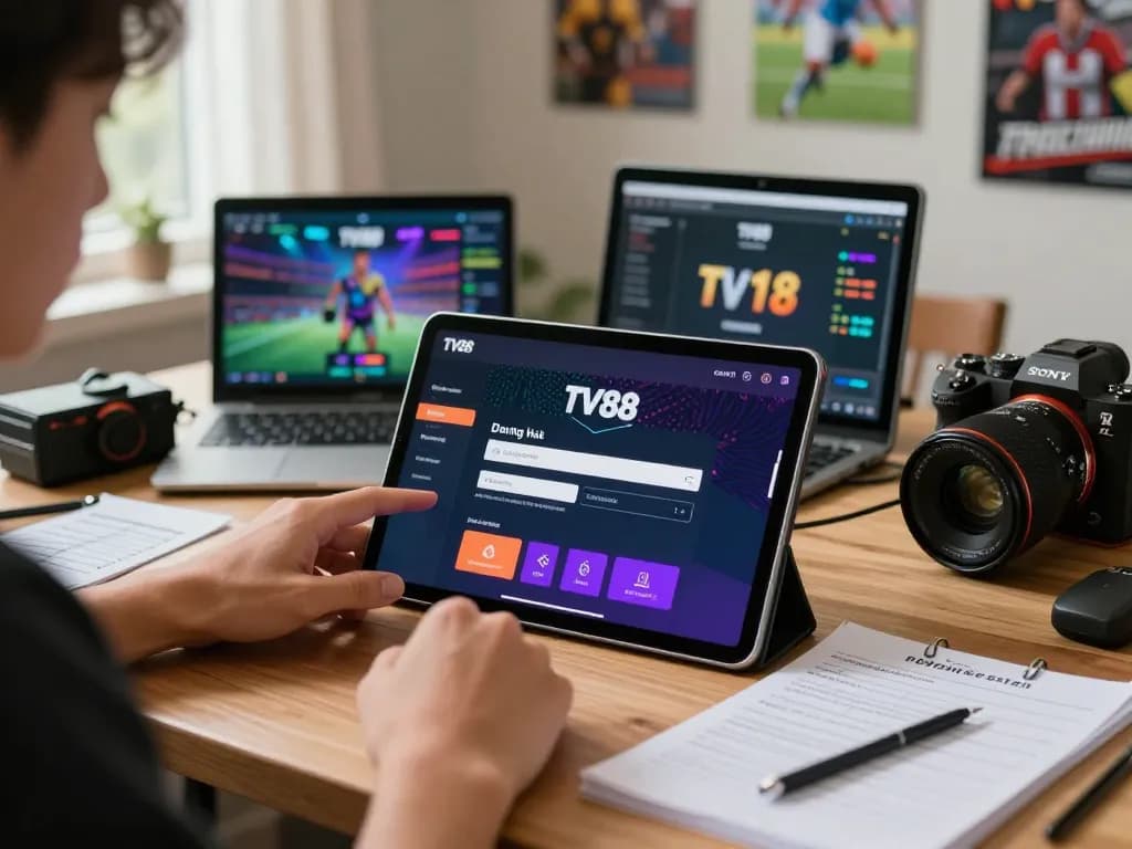 Engaging scene showing TV88 bet đăng nhập on a tablet with sports memorabilia and gaming devices around.