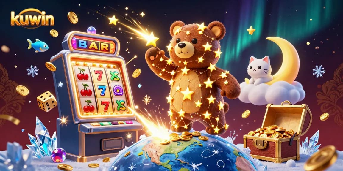 Spin big with kuwin in this vibrant 3D casino scene filled with treasure and excitement.