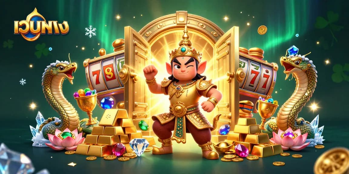Engage in เว็บตรง thrilling slots action with a friendly Thai guardian and Naga serpents surrounded by treasures.