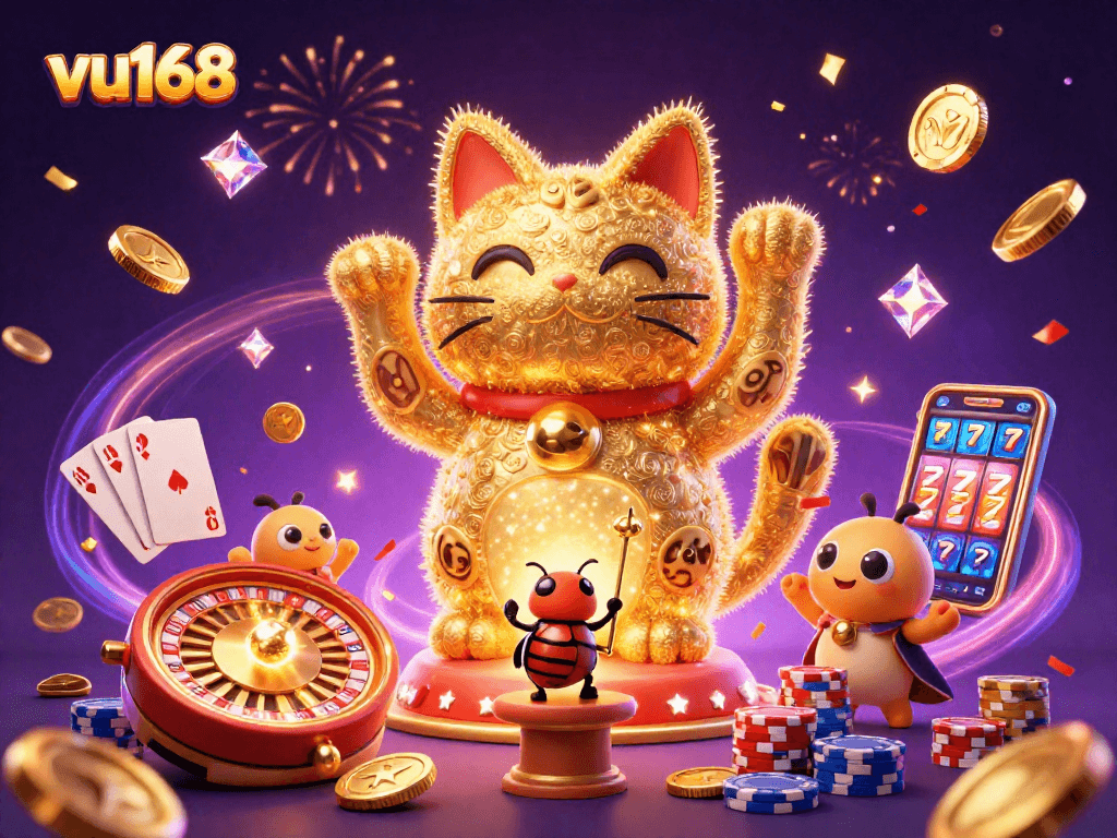 Experience thrilling wins with vu168 at the vibrant online casino scene featuring dynamic gaming symbols.