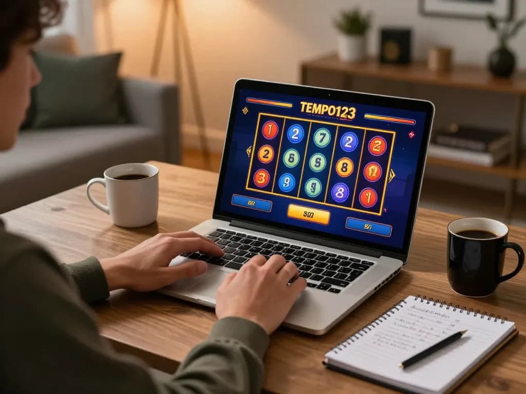 Playing the Tempo123 Slot game on a laptop in a cozy home office, highlighting strategic gaming.