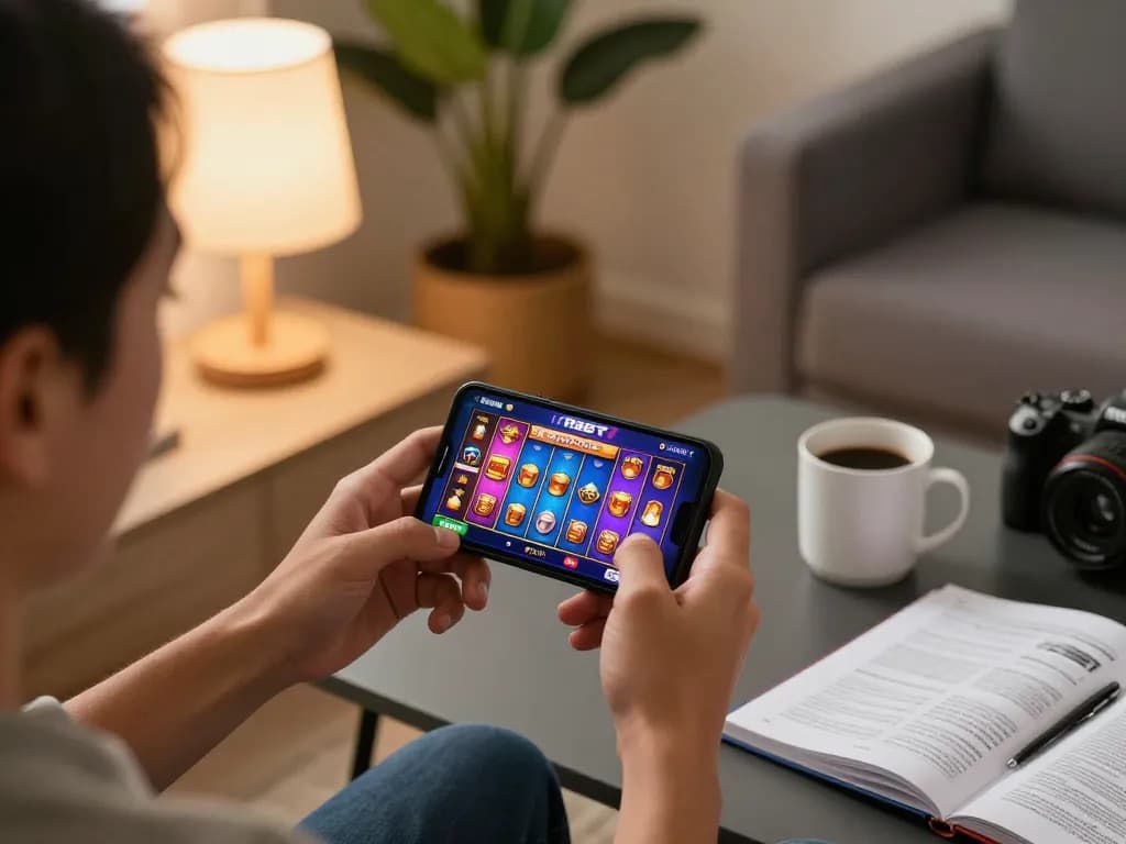 Player enjoying an F8BET slot game on a smartphone in a cozy home setting with strategic notes