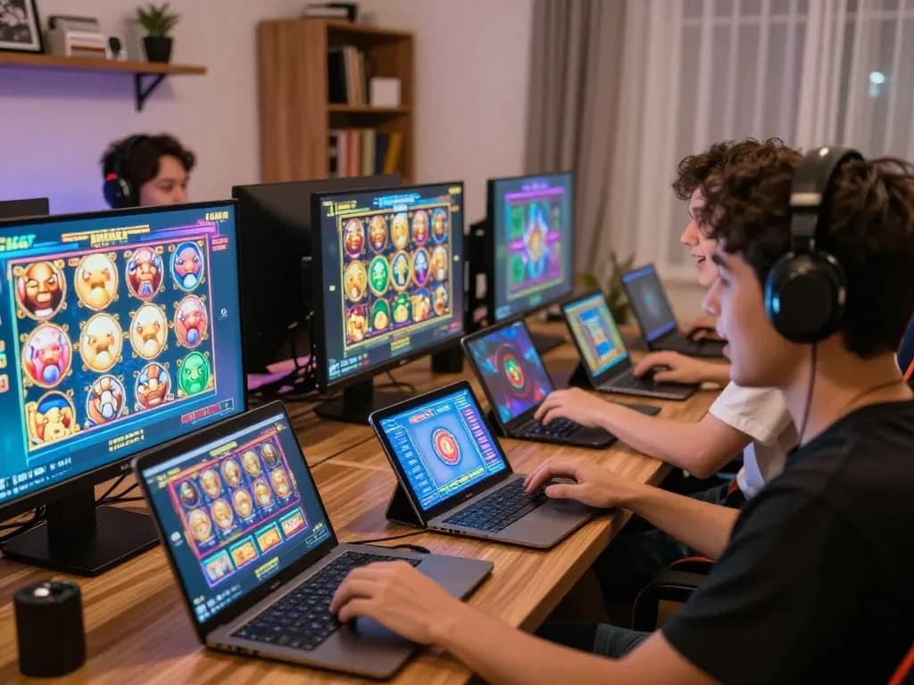 Engaged players enjoying slot depo 5k online gaming on tablets and laptops in a cozy home setting